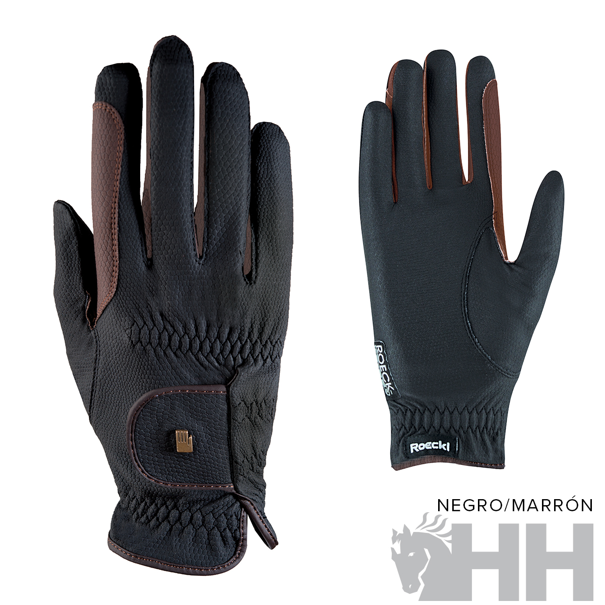 Luvas pretas e marrons em pele com fecho, marca Roeckl, fundo branco