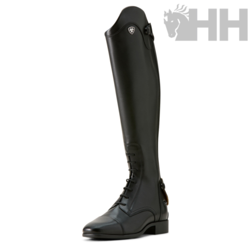 Bota alta preta de equitação em couro com atacadores e fecho lateral