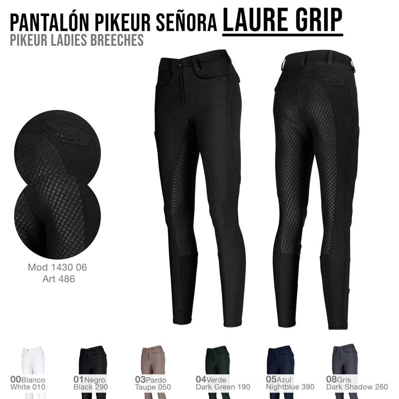 Calças tipo breeches pretas com reforço antiderrapante e texto PIKUER LAURE GRIP
