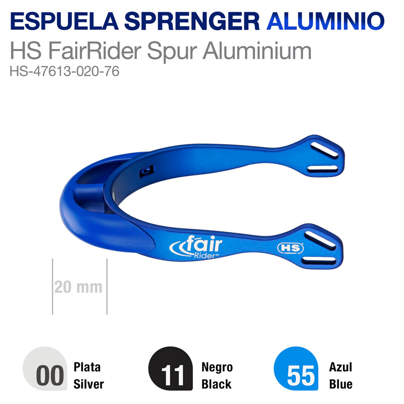 Espora azul de alumínio Sprenger HS FairRider Spur Aluminium com texto impresso.