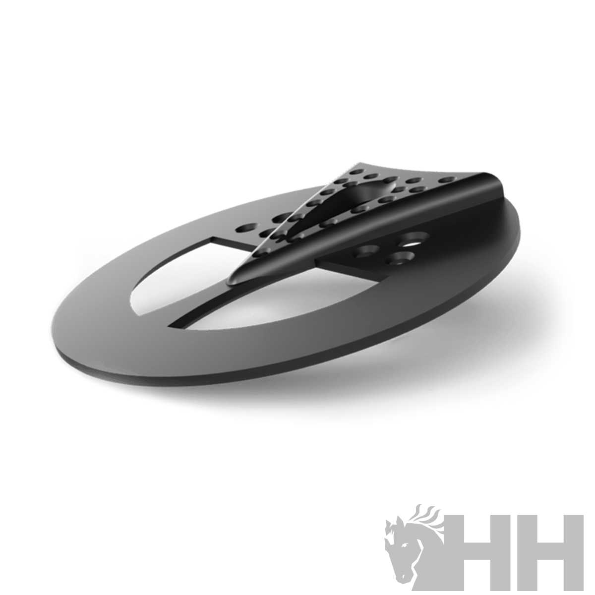 Peça metálica preta oval com orifícios perfurados sobre fundo branco e logótipo HH
