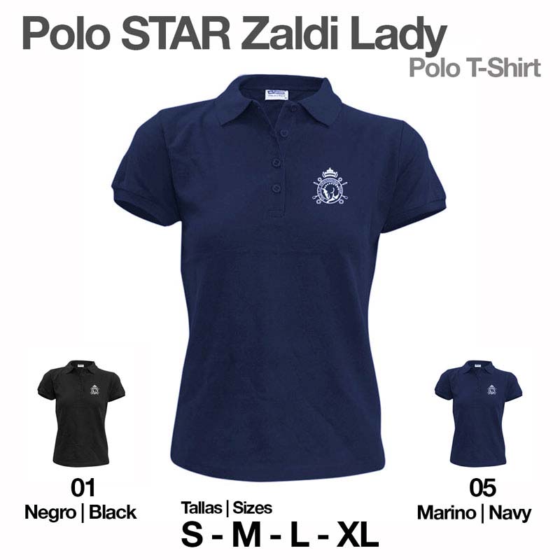 T-shirts polo STAR Zaldi Lady preta e azul-marinho para senhora com logótipo branco e tamanhos S a XL