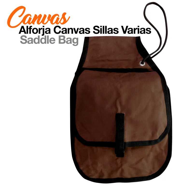 Alforja de tecido canvas castanho com bordas pretas e alça