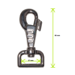 Mosquetão metálico prateado com medidas 80mm altura e 27mm largura