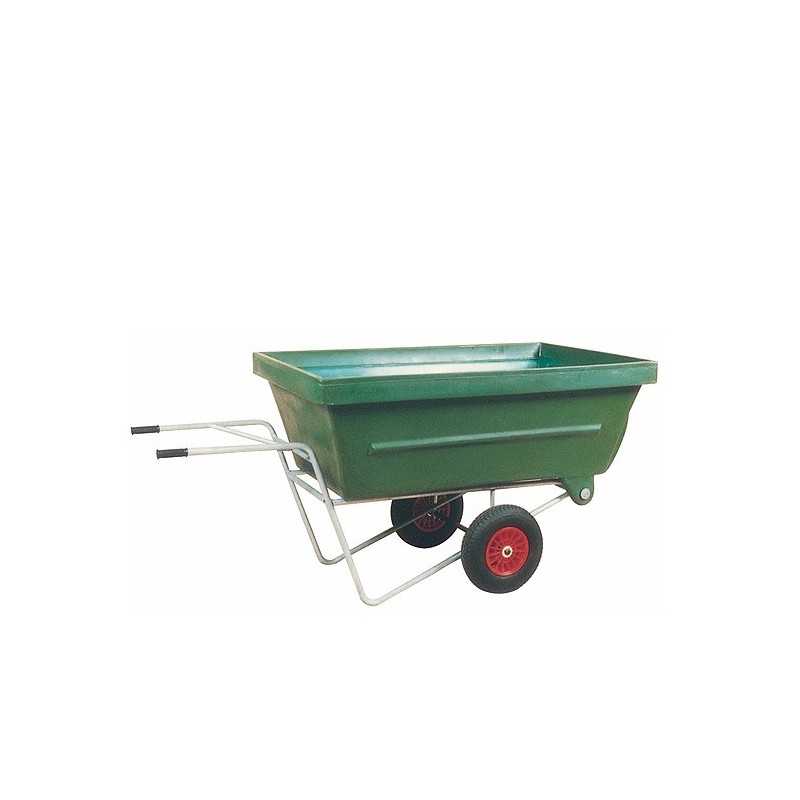 Carrinho de mão verde com estrutura metálica e rodas vermelhas