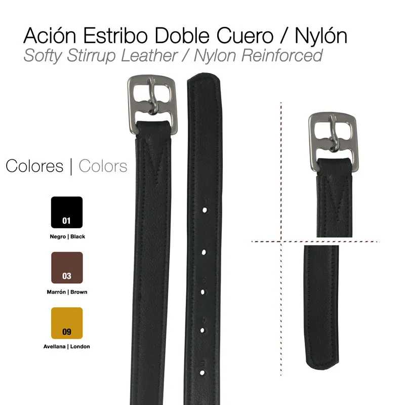 Peça de couro com fivela metálica, em três cores: preto, marrom e amarelo. Texto em espanhol e inglês em fundo branco.