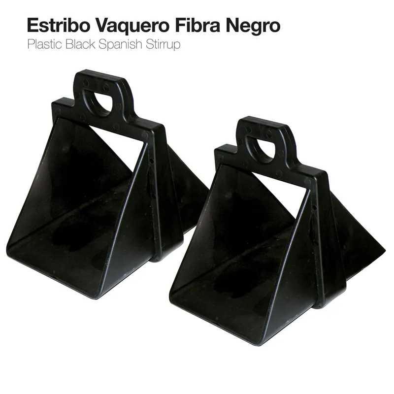 Par de estribos vaqueiros negros de fibra em fundo branco