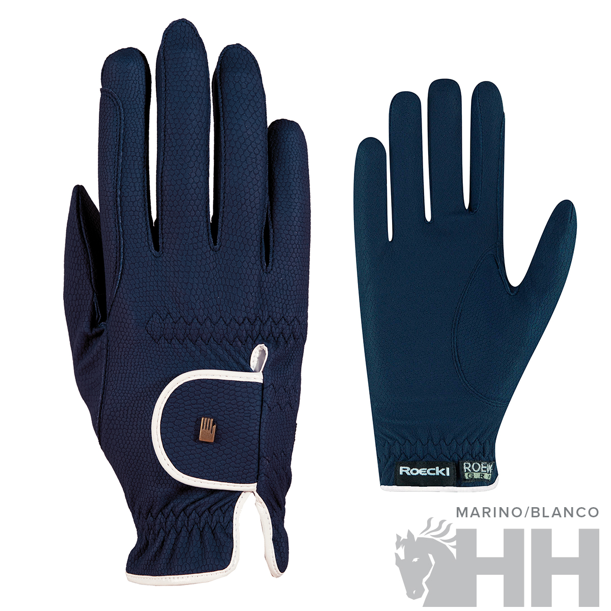 Par de luvas azuis com detalhes brancos e etiqueta ROECKL