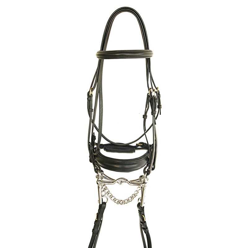 Peça de sela para cavalo em couro preto com detalhes metálicos prateados