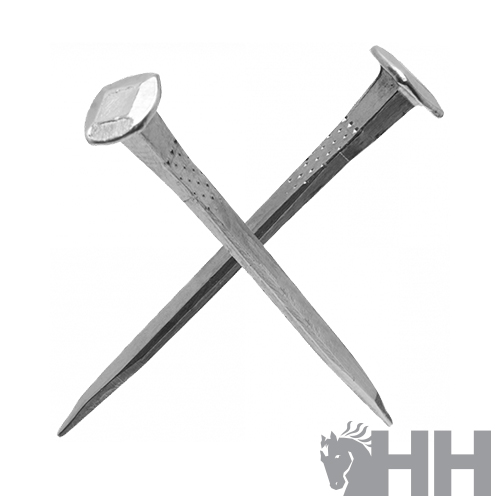 Dois pregos metálicos cruzados em fundo branco com logótipo HH