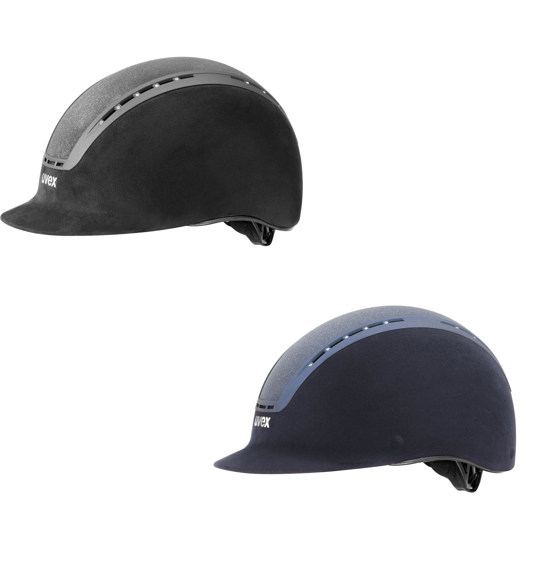 Dois capacetes de equitação UVEX, um preto com cinza e outro azul escuro com azul claro