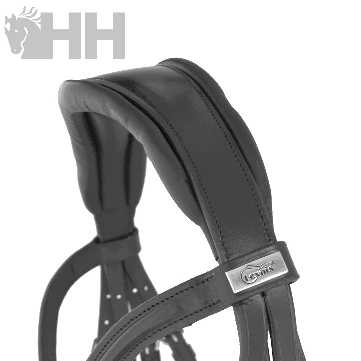 Cabeçada em couro preto com almofadado e fivela metálica gravada