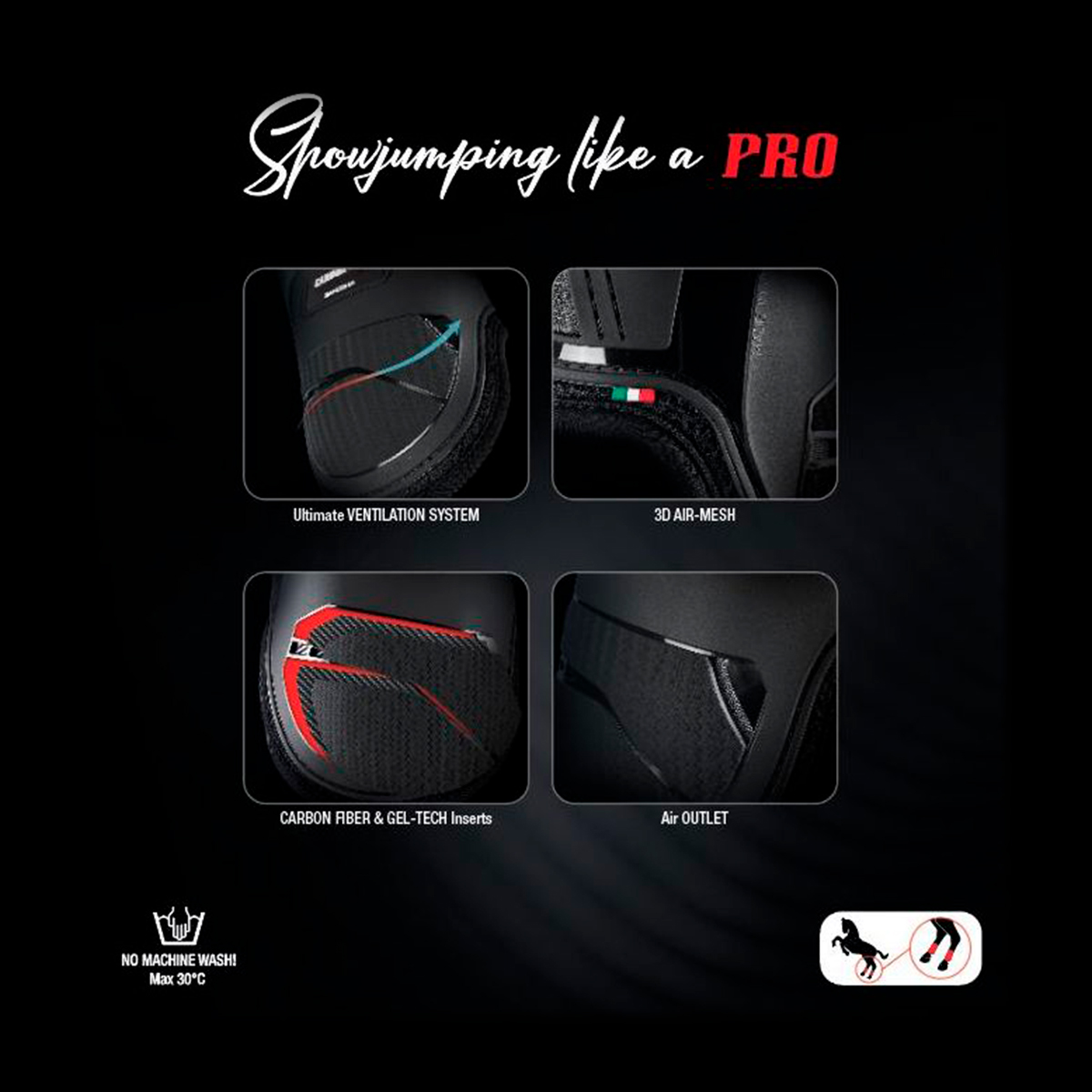 Produto preto com detalhes vermelhos e cinzentos e texto promocional em fundo preto