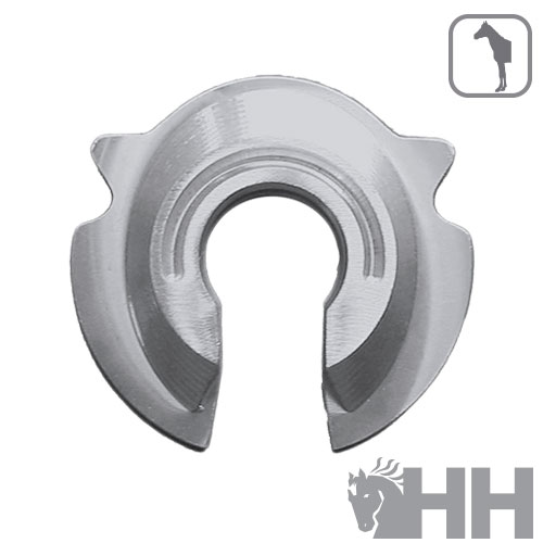 Disco metálico prateado com corte circular e abertura em U