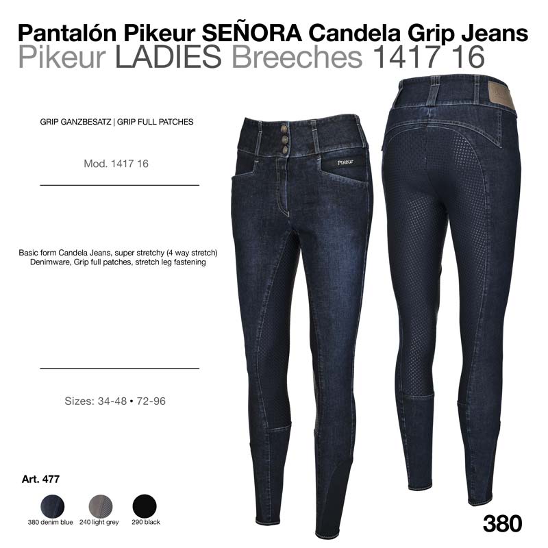 Calças jeans azuis escuras Pikeur Candela Grip Jeans para senhora com patches cinza e fecho de botão