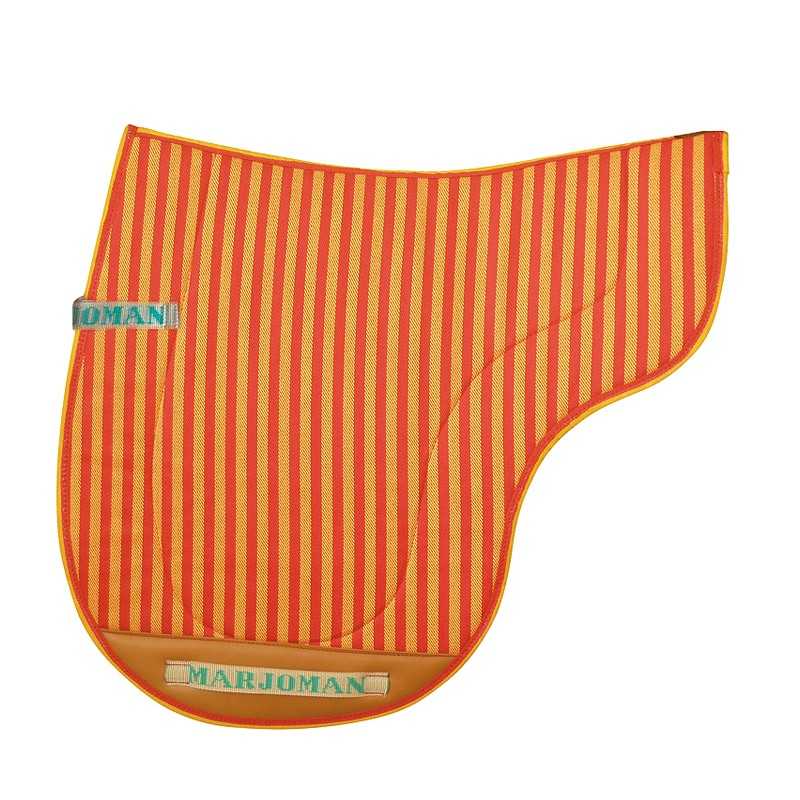 Sela de equitação listrada vermelha e amarela com etiquetas MARJOMAN