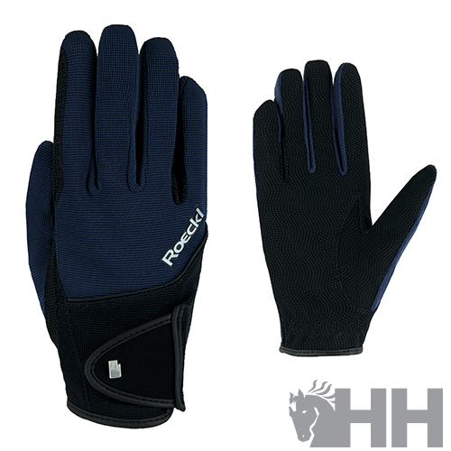 Par de luvas desportivas Roeckl azul e preto com fecho ajustável e logo
