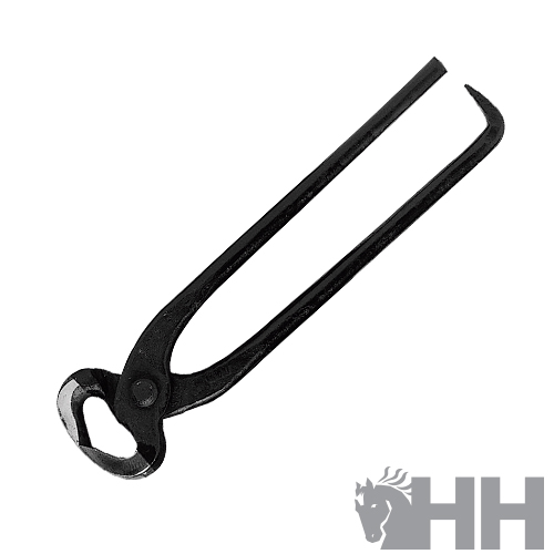 Pinça de ferrador preta em metal com cabo comprido e curva