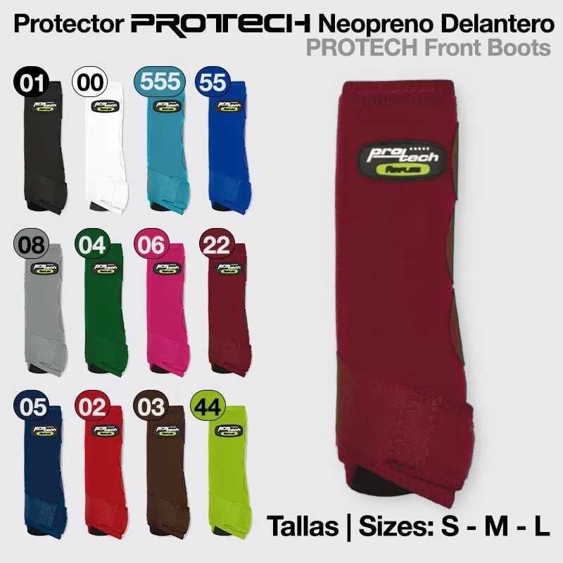 Botas dianteiras Protech em neopreno coloridas com etiqueta de marca e tamanhos S, M, L.
