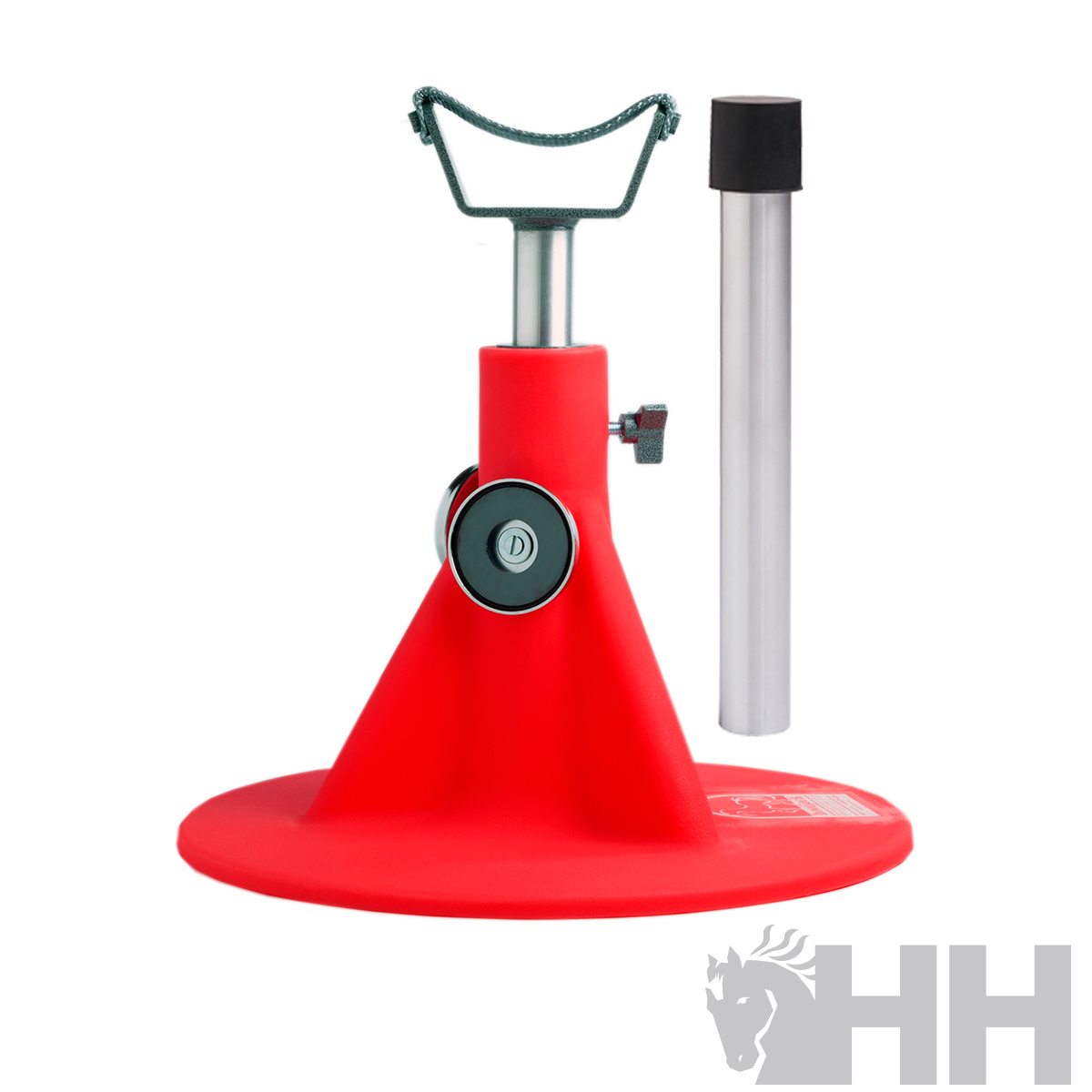 Suporte para ferradura com base vermelha e estrutura metálica