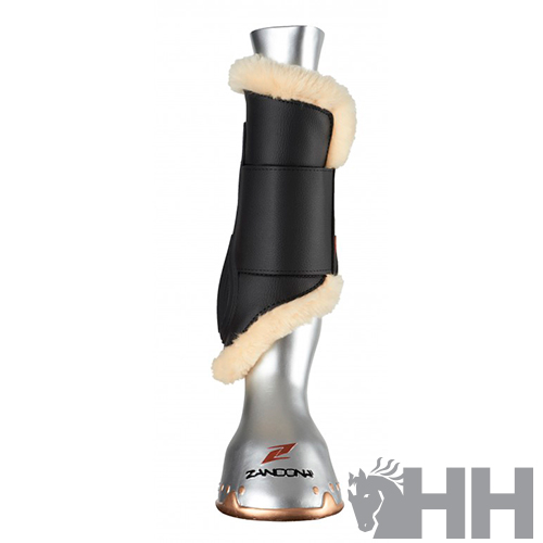 Protector de perna de cavalo preto com forro bege em montagem metálica