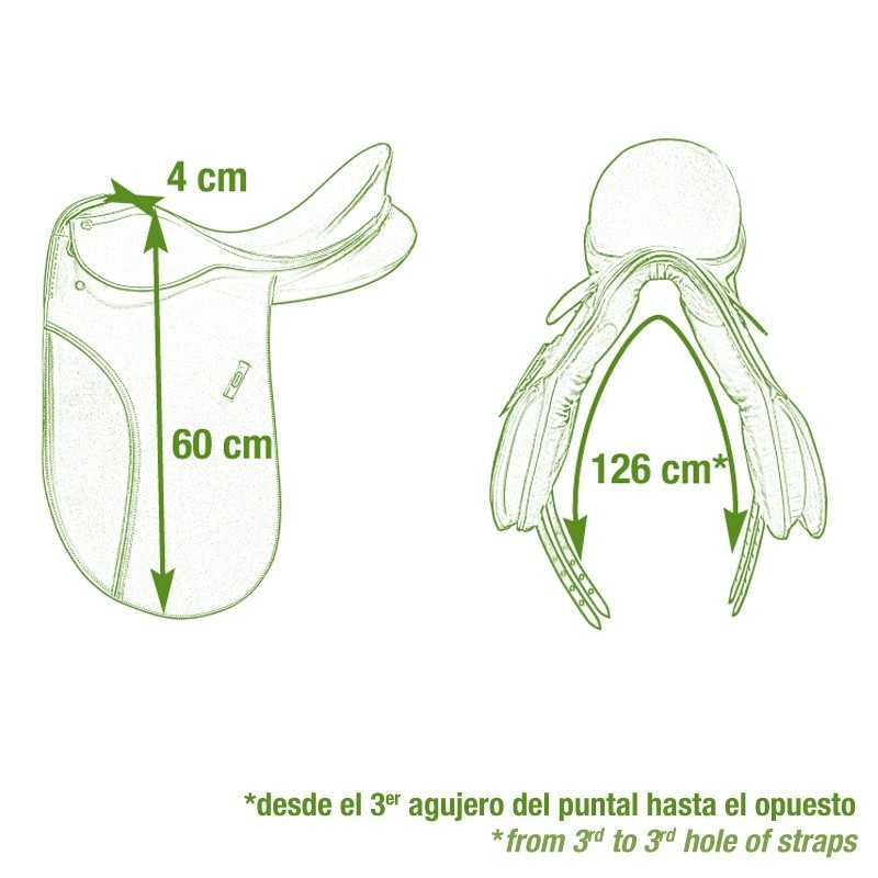 Desenho técnico de sela de equitação com medidas e texto em espanhol e inglês