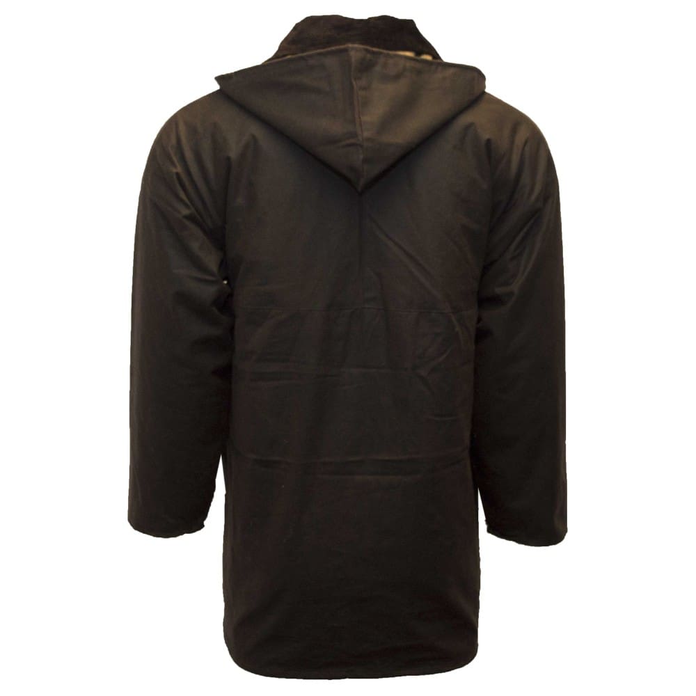 Casaco castanho escuro comprido com capuz visto de trás