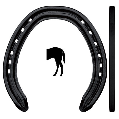 Ferradura preta de cavalo em três vistas com logotipo de cavalo