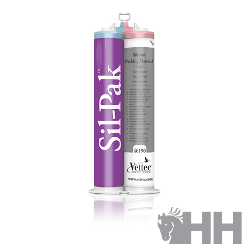 Duas embalagens cilíndricas de silicone Sil-Pak Vettec com texto em fundo branco