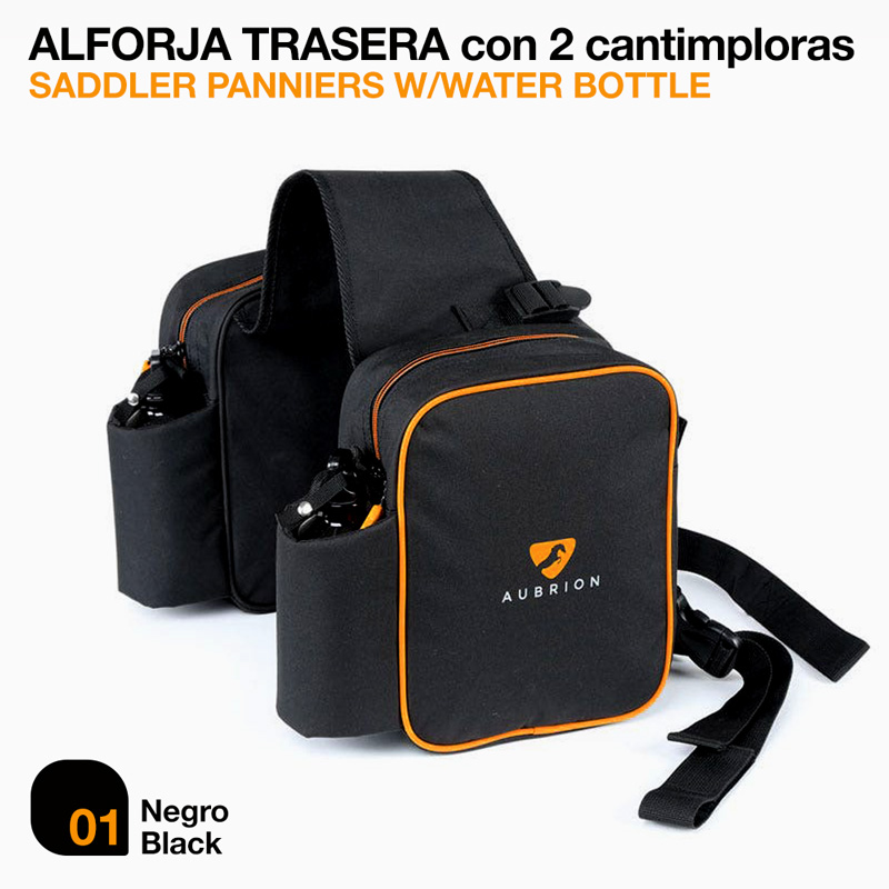 Alforja traseira preta com detalhes laranja e duas garrafas de água
