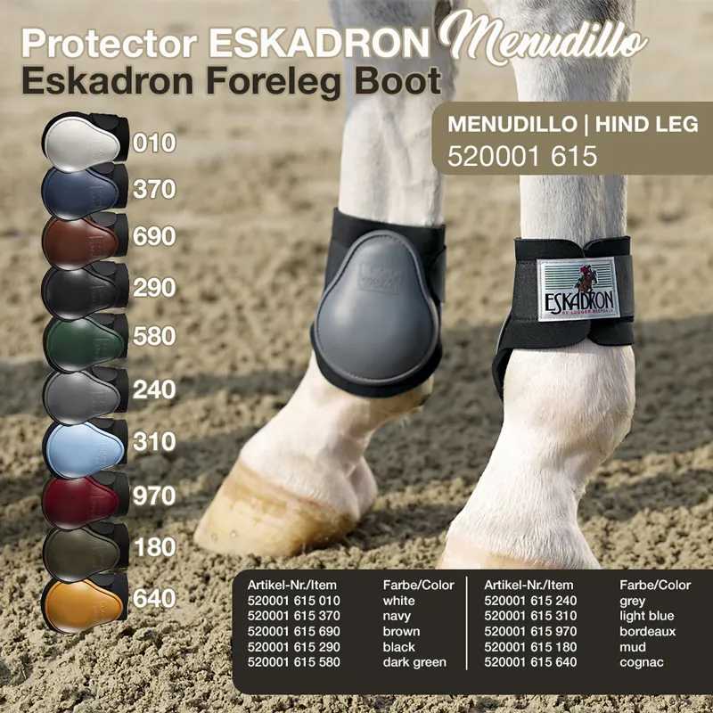 Botas de proteção para patas traseiras de cavalo Eskadron Menudillo em várias cores com texto promocional