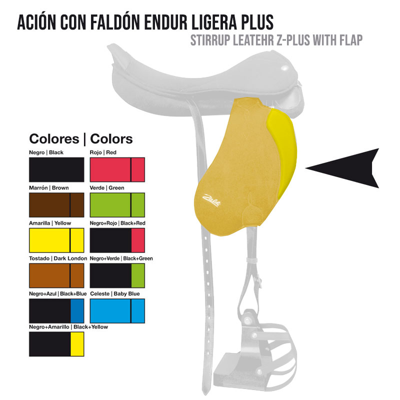 Estribeira de couro amarelo com faldão para equitação e opções de cores listadas.