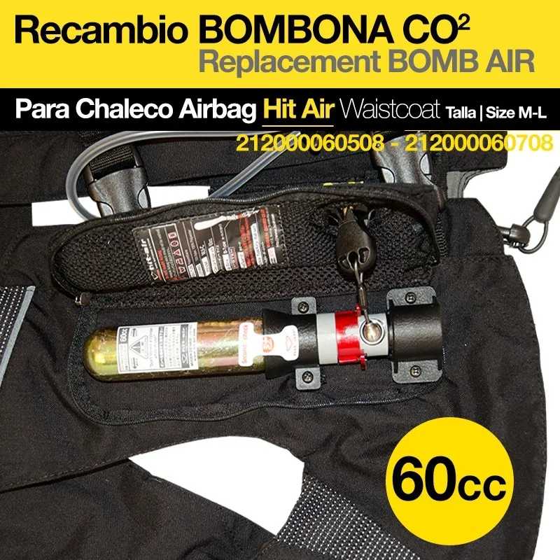 Recarga de botija CO2 para colete Airbag Hit Air, botija metálica e cilindro preto/vermelho, texto visível e selo 60cc
