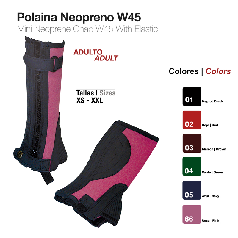 Polaina de neopreno W45 cor rosa para adulto com variações de cores e tamanhos visíveis.