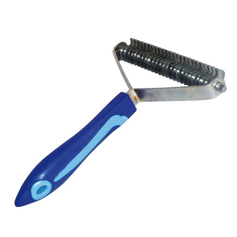 Rasqueta com alça azul e lâminas metálicas em espiral