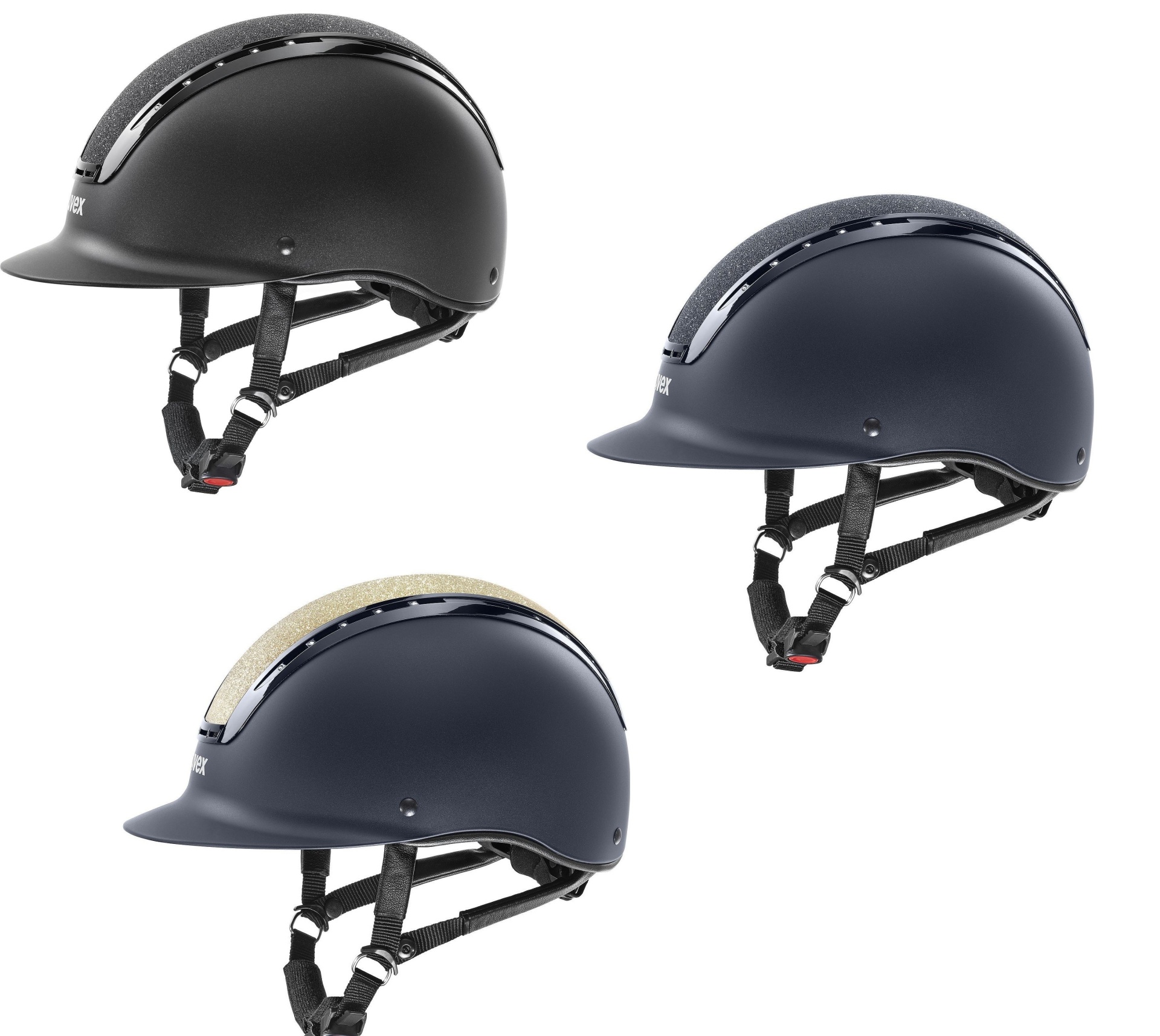 Capacetes para equitação em preto e azul com viseira e correias ajustáveis