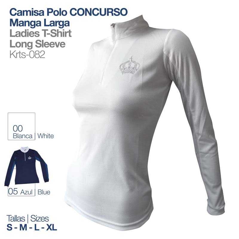 Camisa polo manga comprida branca para senhora com bordado de coroa