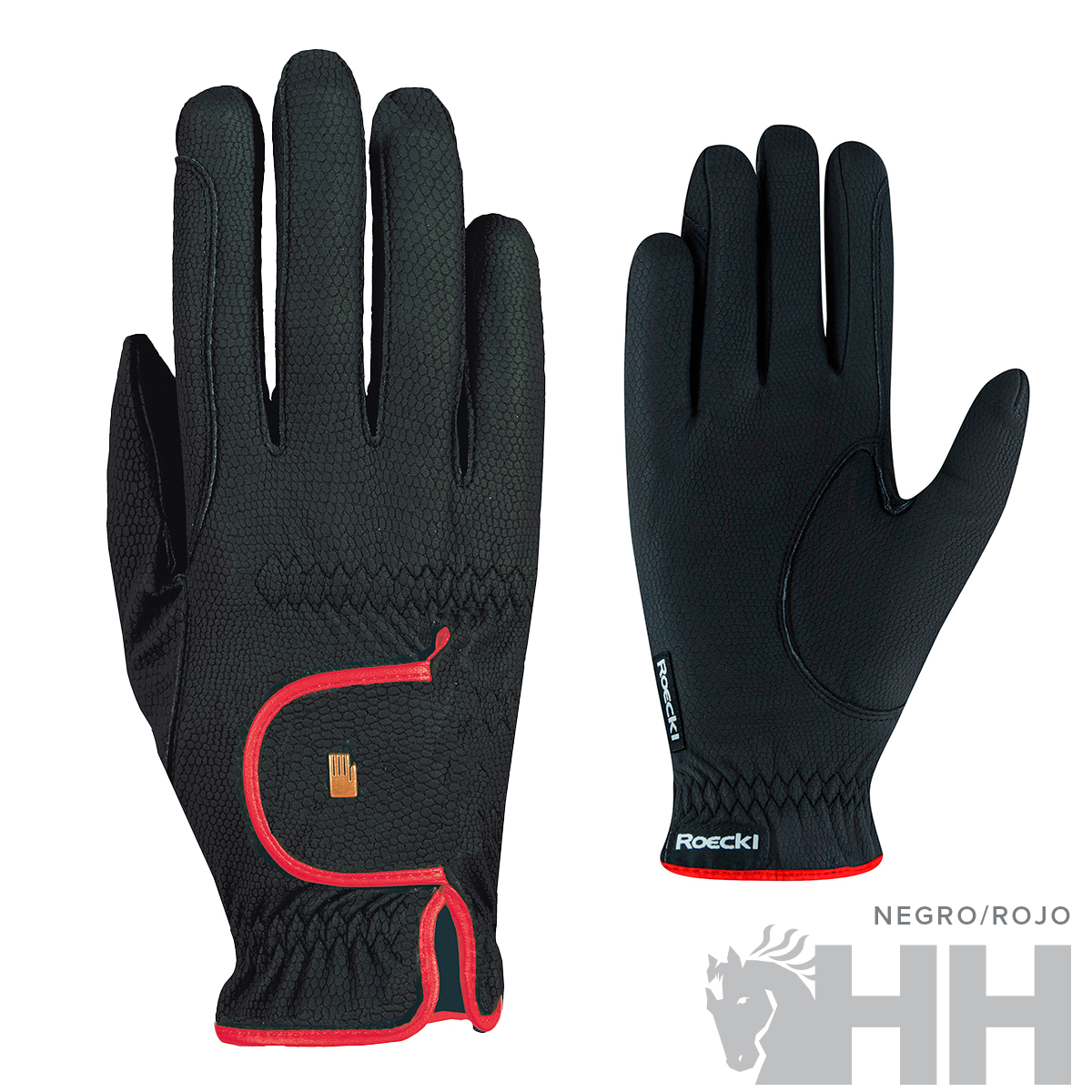 Par de luvas pretas com detalhes vermelhos e texto Roecki