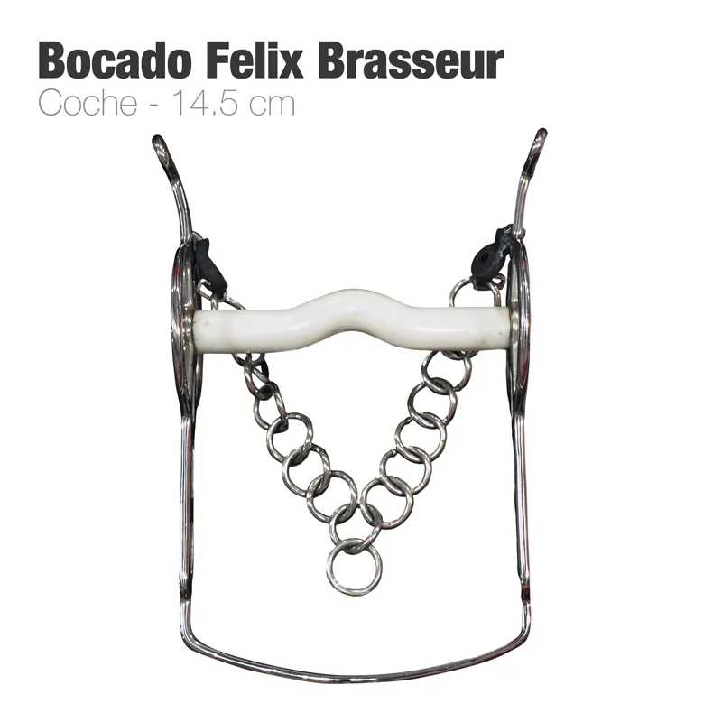 Freio equestre Bocado Felix Brasseur metal prateado com boca branca e corrente