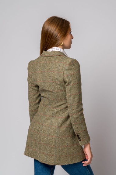 Blazer feminino comprido em tweed verde com padrão xadrez