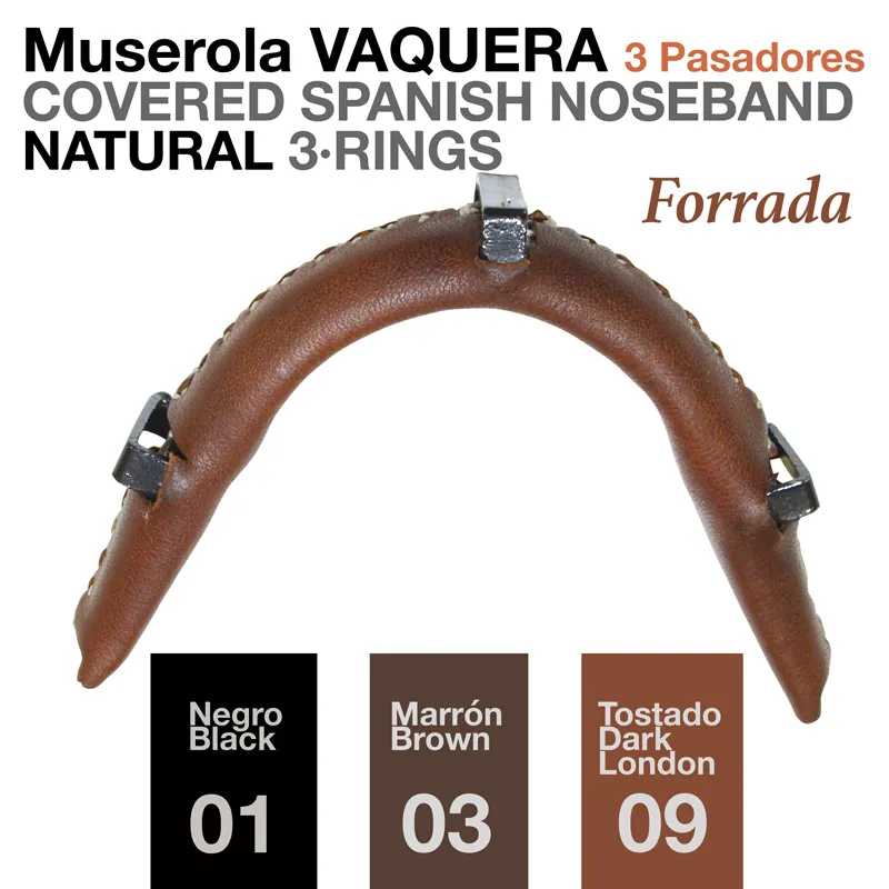 Muserola VAQUERA de couro marrom com 3 anéis e passadores metálicos, com texto e amostras de cor