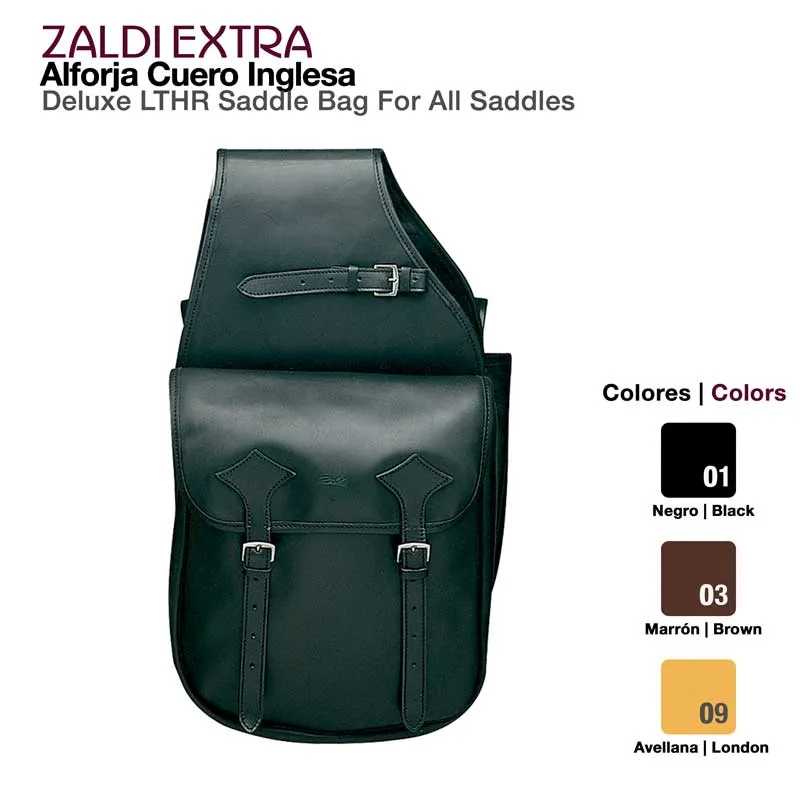 Alforja de couro preta com duas fivelas em metal e informações de cores e texto promocional ao lado.