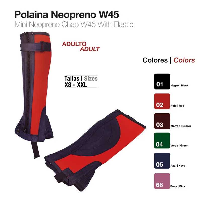 Polaina de neopreno W45 bicolor em vermelho e azul, vista de frente e deitada.