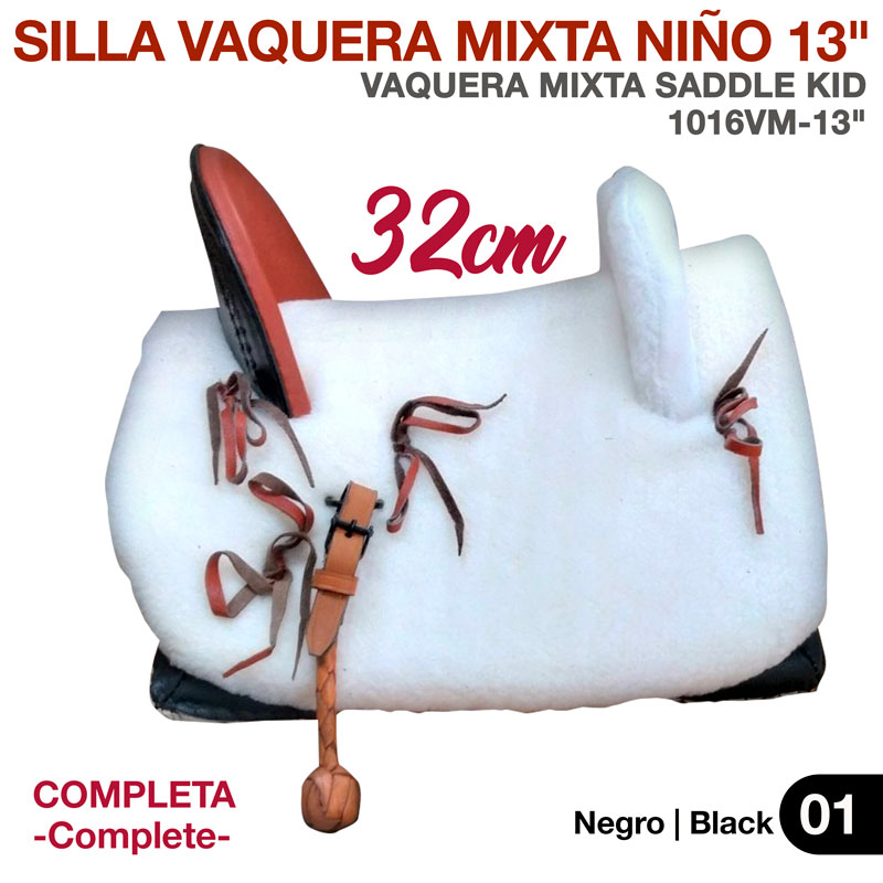 Sela vaqueira mixta branca e preta com detalhes em couro castanho para criança tamanho 13''