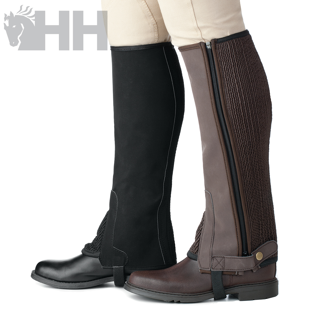 Perneiras e botas de equitação preta e castanha com fecho lateral