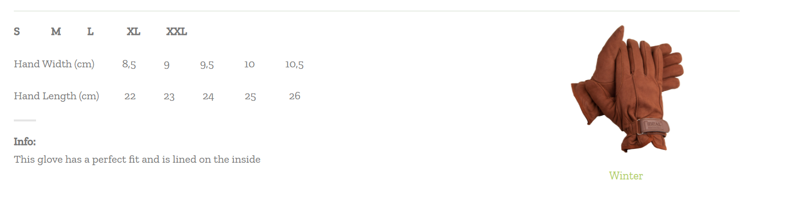 Tabela de tamanhos de luvas e imagem de luvas castanho-avermelhadas