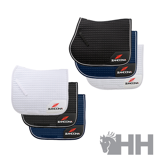 Três mantas de sela para cavalo pretas, azuis e brancas acolchoadas com logótipo ZANDONA