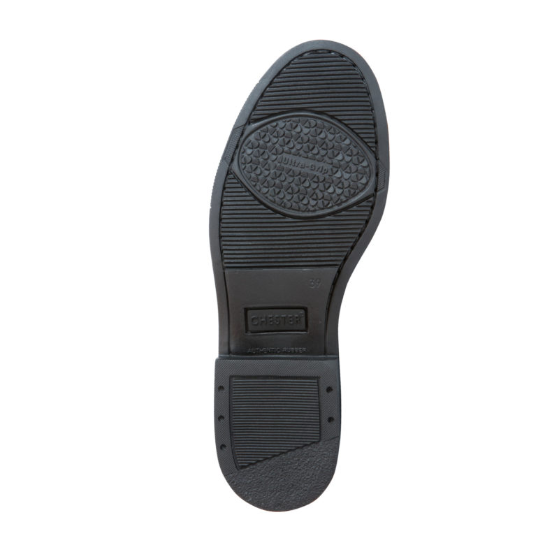 Sola de sapato preta vista por baixo com padrão antiderrapante e texto Clássico