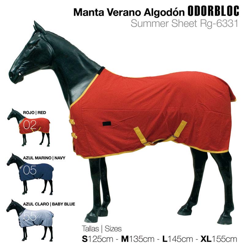 Manta de verão para cavalos em algodão nas cores vermelho, azul marinho e azul claro com detalhes amarelos