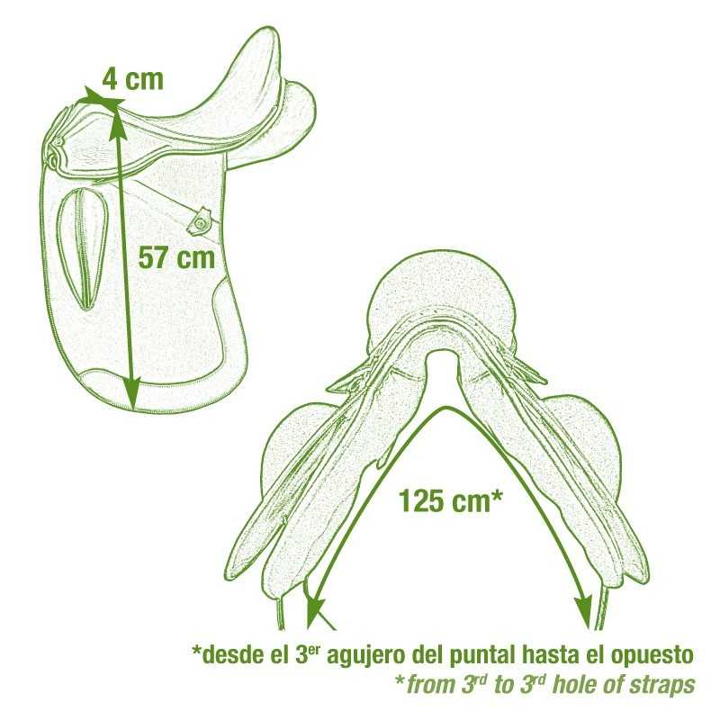 Desenho técnico de sela de equitação com medidas e texto explicativo em espanhol e inglês